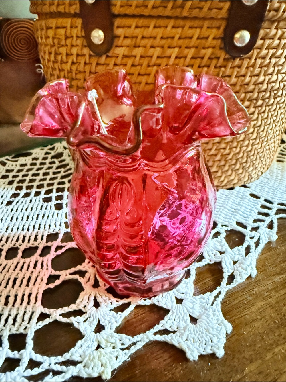 Fenton Cranberry Ruffled Art Glass Vase
